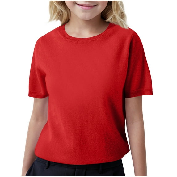 CheerKidz Chidlren Striped/Solid Color Outwear Knit Oversized Spring Fall Sweaters Fashion Short Sleeve Crewneck Pullover Sweater Trendy Tops 6-15Years(Red#2,10-11 Years)