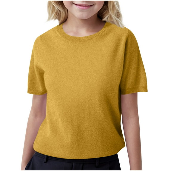 CheerKidz Chidlren Striped/Solid Color Outwear Knit Oversized Spring Fall Sweaters Fashion Short Sleeve Crewneck Pullover Sweater Trendy Tops 6-15Years(Yellow#2,14-15 Years)