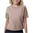 thumbnail image 1 of CheerKidz Chidlren Striped/Solid Color Outwear Knit Oversized Spring Fall Sweaters Fashion Short Sleeve Crewneck Pullover Sweater Trendy Tops 6-15Years(Khaki#2,12-13 Years), 1 of 9