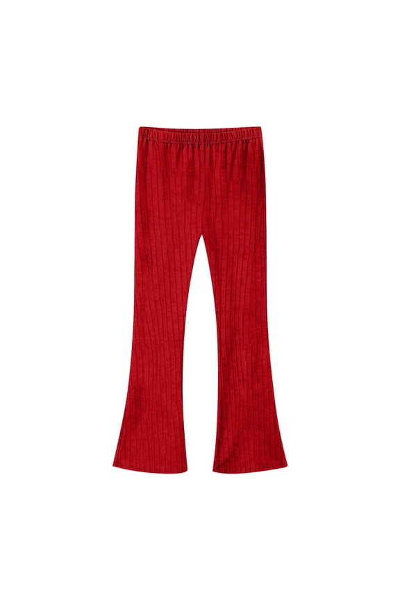 Children Flared Pants Long Length Ribbed Knit Bottoms Stylish Comfortable Trousers for Kids Girls High Waist Elastic Waist Casual All Season Wear Solid Color Yoga Pants(Red,7-8 Years)