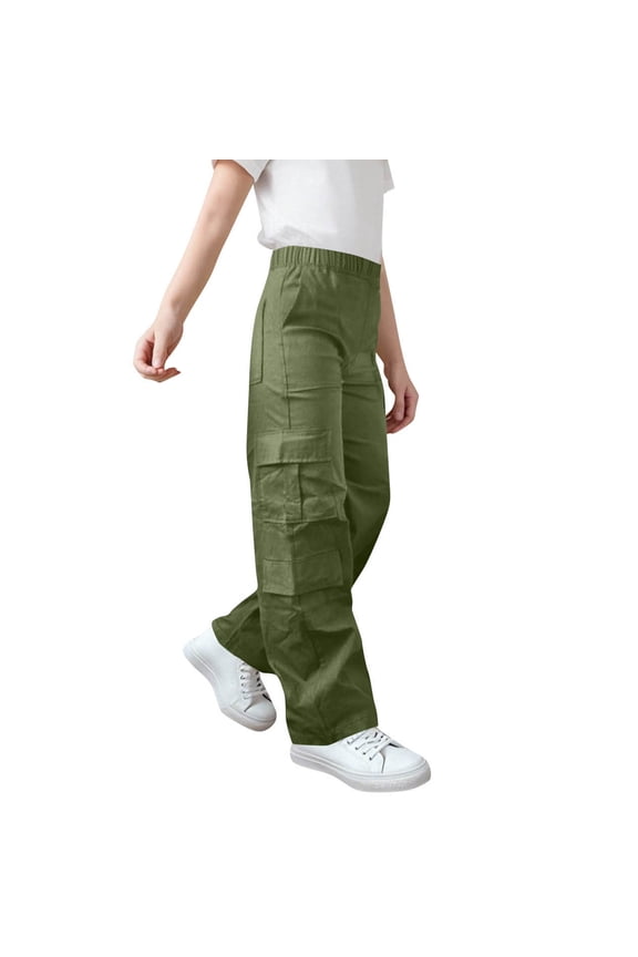 Childrens Elastic Waist Cargo Pants Solid Color Straight Leg Work Pants for Kids Boys Girls Loose Casual Play Pants with Pockets Long Trousers for Children(Army Green,11-12 Years)