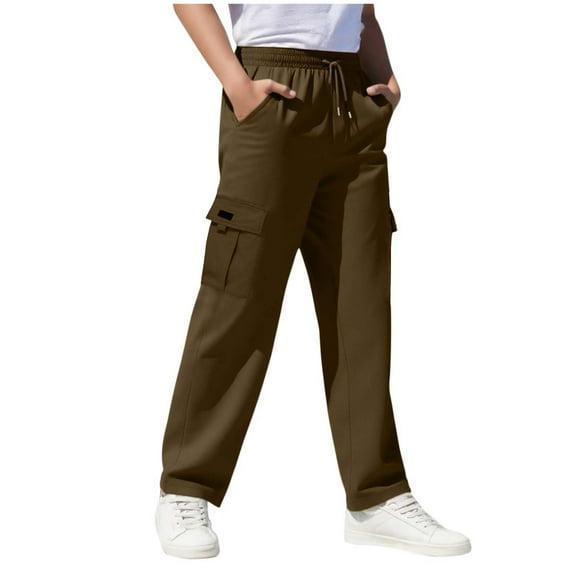 CheerKidz Childrens Elastic Waist Straight Leg Cargo Pants with Pockets Casual Loose Workwear Trousers for Kids Boys Girls Youth Big Kid Play Outdoor(Brown,9 Years)
