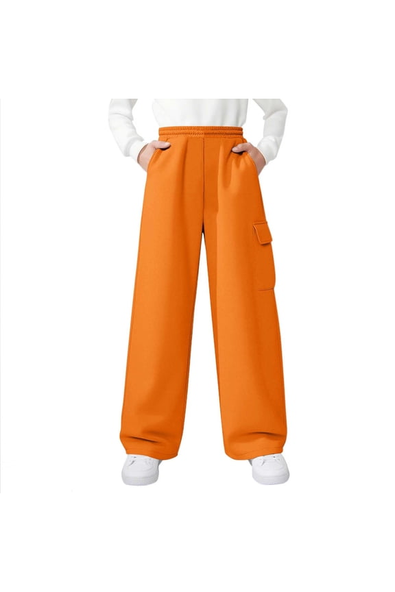 Childrens Elastic Waist Straight Leg Sport Pants with Pockets Casual Wear Trousers for Kids Boys Girls Outdoor Play Daily Activities(Orange,12-13 Years)