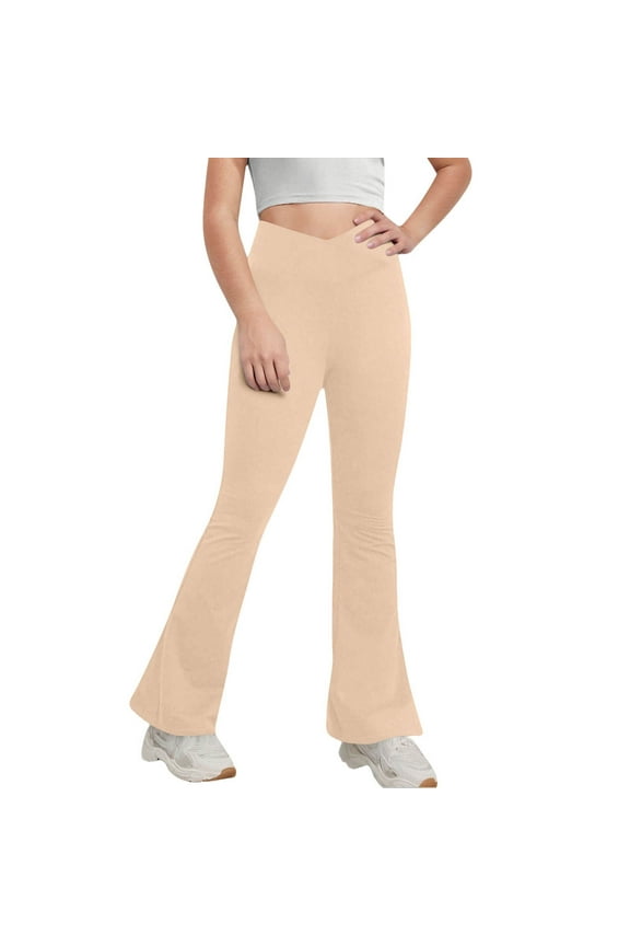 Childrens Flared Leggings with Pockets Yoga Pants for Girls and Boys Casual Wear Outdoor Play Stretchy Comfortable Kids Active Bottoms(Beige,12 Years)