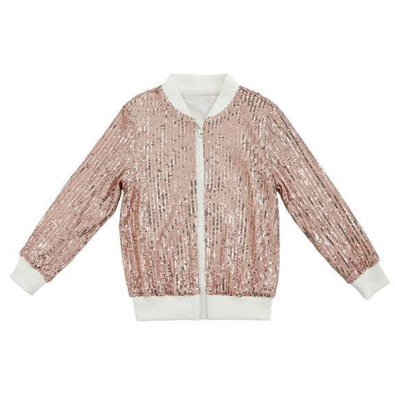 CheerKidz Childrens Winter Glitter Sequin Jacket Long Sleeve Casual Outwear No Hood Solid Color Carnival Apparel for Big Kids Boys Girls Party Wear(Beige,3-4 Years)