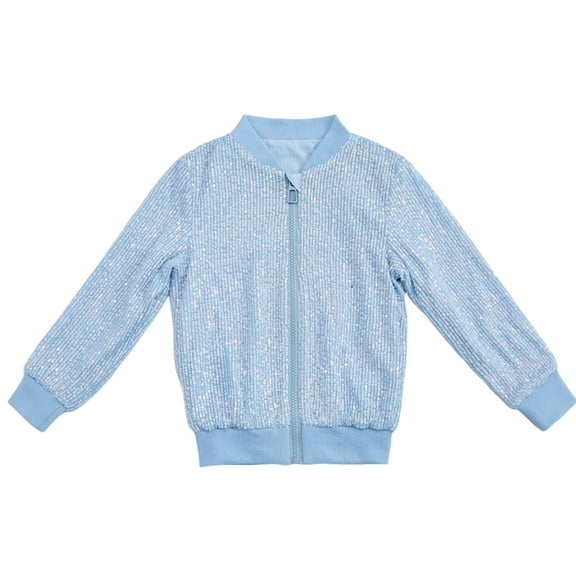 CheerKidz Childrens Winter Glitter Sequin Jacket Long Sleeve Casual Outwear No Hood Solid Color Carnival Apparel for Big Kids Boys Girls Party Wear(Light Blue,2-3 Years)