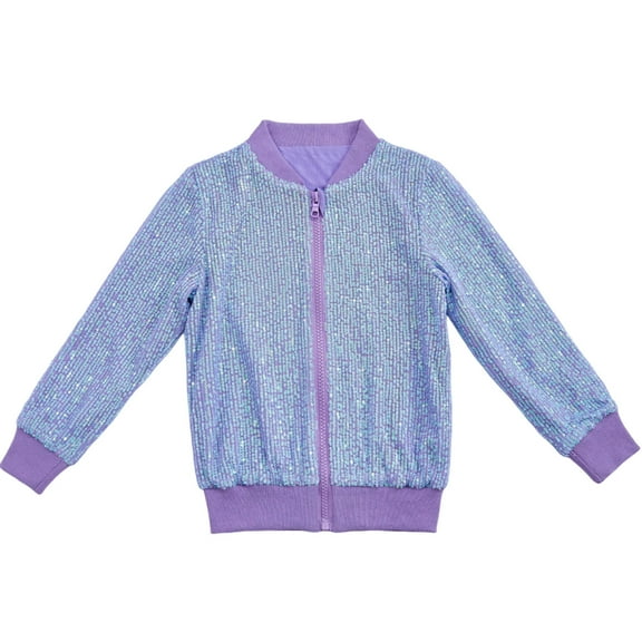 CheerKidz Childrens Winter Glitter Sequin Jacket Long Sleeve Casual Outwear No Hood Solid Color Carnival Apparel for Big Kids Boys Girls Party Wear(Purple,5-6 Years)