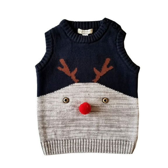CheerKidz Christmas Knitted Vests for Kids Boys Girls Cute Print V Neck Sweater Vest Sleeveless Crop Tops 3-9 Years Pullover Knitwear School Clothes(Navy#3,6 Months)