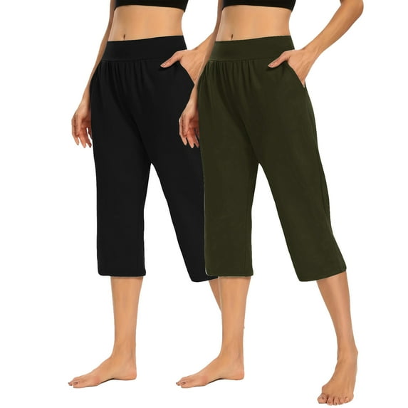 CheerKidz 2 Pack Women's Capri Pants Elastic Waist Capri Joggers Loose Cropped Workout Sweatpants Running Home Pants with Pockets Summer(Army Green,2XL)