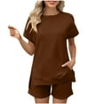 thumbnail image 1 of CheerKidz 2 Piece Outfits for Fashion Women's Solid Loose Casual Short Sleeve Round Neck Blouses Shorts High Waisted Sweatpants Set(Brown,2XL), 1 of 6