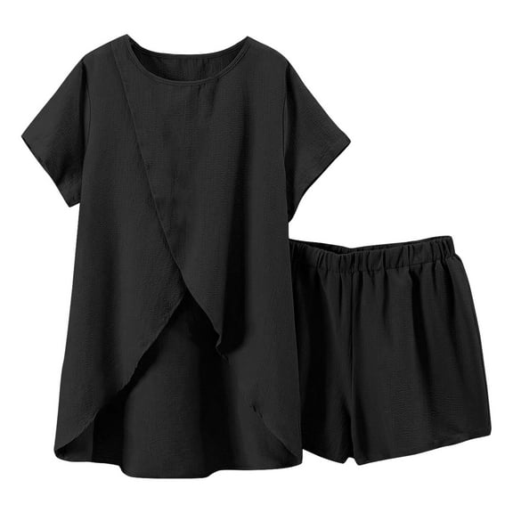 CheerKidz 2 Piece Outfits for Women Lightweight Matching Home Sets Cap Sleeve Tops and Elastic Waisted Shorts Cotton and Linen Solid Color Clothes Set(Black,L)