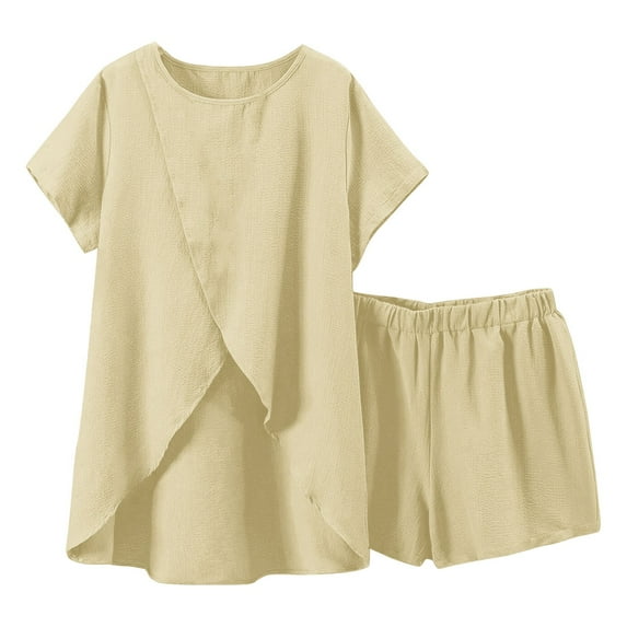 CheerKidz 2 Piece Outfits for Women Lightweight Matching Lounge Sets Cap Sleeve Tops and Elastic Waisted Shorts Cotton and Linen Solid Color Clothes Set(Beige,S)
