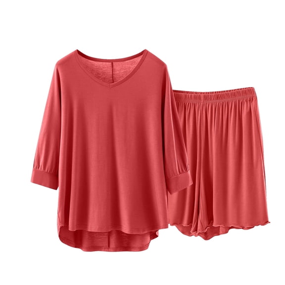 CheerKidz 2 Piece Sets for Women Summer V-neck Home Sets Casual Oversized Short Sleeve Tshirts Shorts Matching Airport Travel Outfit Pajama Set(Red#2,XL)