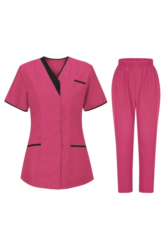 2 Piece Sets for Women's Nurses Sets Tunic Uniform Clinic Carer V-Neck Protective Clothing and Pants Set with Pockets(Hot Pink,3XL)