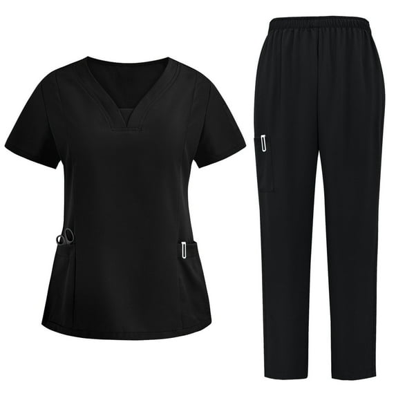 CheerKidz 2 Piece Sets for Women's Nurses Sets Tunic Uniform Clinic Carer V-Neck Protective Clothing and Pants Set with Pockets(Black#2,XL)