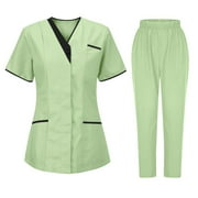 CHEERKIDZ 2 Piece Sets for Women's Nurses Sets Tunic Uniform Clinic Carer V-Neck Protective Clothing and Pants Set with Pockets(Green,S)