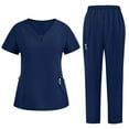 thumbnail image 1 of CheerKidz 2 Piece Sets for Women's Nurses Sets Tunic Uniform Clinic Carer V-Neck Protective Clothing and Pants Set with Pockets(Navy#2,L), 1 of 3