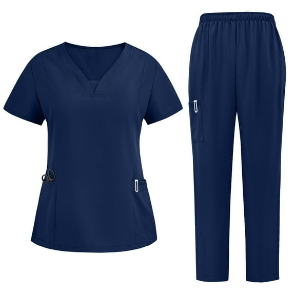 CheerKidz 2 Piece Sets for Women's Nurses Sets Tunic Uniform Clinic Carer V-Neck Protective Clothing and Pants Set with Pockets(Navy#2,S)