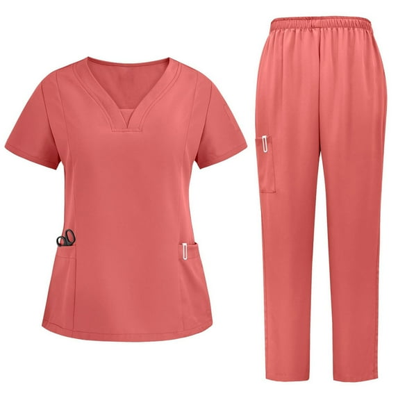 CheerKidz 2 Piece Sets for Women's Nurses Sets Tunic Uniform Clinic Carer V-Neck Protective Clothing and Pants Set with Pockets(Orange#2,M)
