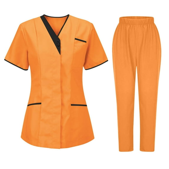 CheerKidz 2 Piece Sets for Women's Nurses Sets Tunic Uniform Clinic Carer V-Neck Protective Clothing and Pants Set with Pockets(Orange,L)