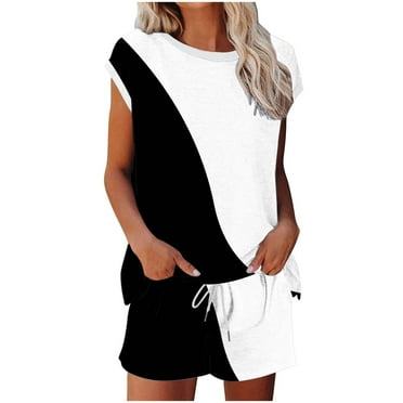 CheerKidz 2 Piece Sport Set Women Casual Short Sleeve Tshirt Drawstring Shorts Summer Sets Loose Fit Round Neck Tees Elastic Shorts Sets(Black,S)