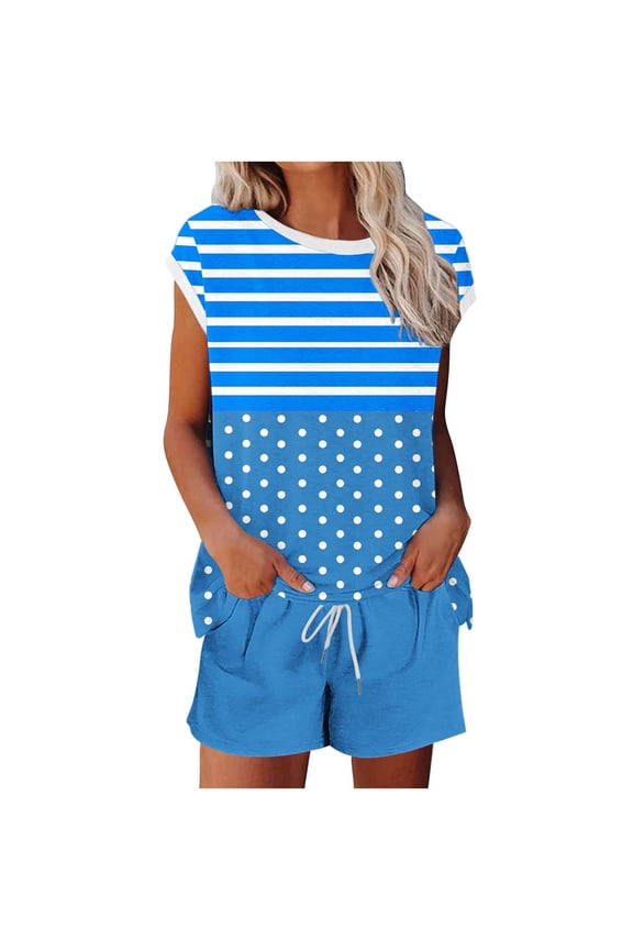 2 Piece Sport Set Women Casual Short Sleeve Tshirt Drawstring Shorts Summer Sets Loose Fit Round Neck Tees Elastic Shorts Sets(Light Blue#2,L)