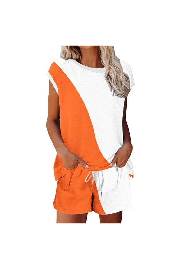 2 Piece Sport Set Women Casual Short Sleeve Tshirt Drawstring Shorts Summer Sets Loose Fit Round Neck Tees Elastic Shorts Sets(Orange,XL)