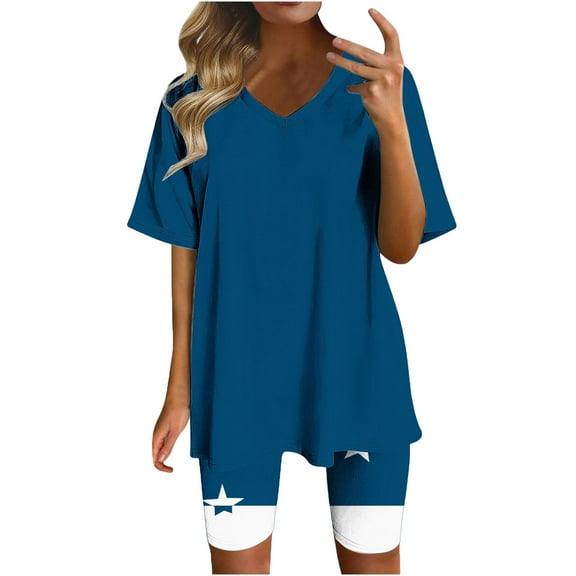 CheerKidz 2 Piece Sport Set for Women Two Piece V Neck Short Sleeve Shirts and Elastic Waist Shorts Set Matching Summer Lounge Sets(Blue,2XL)