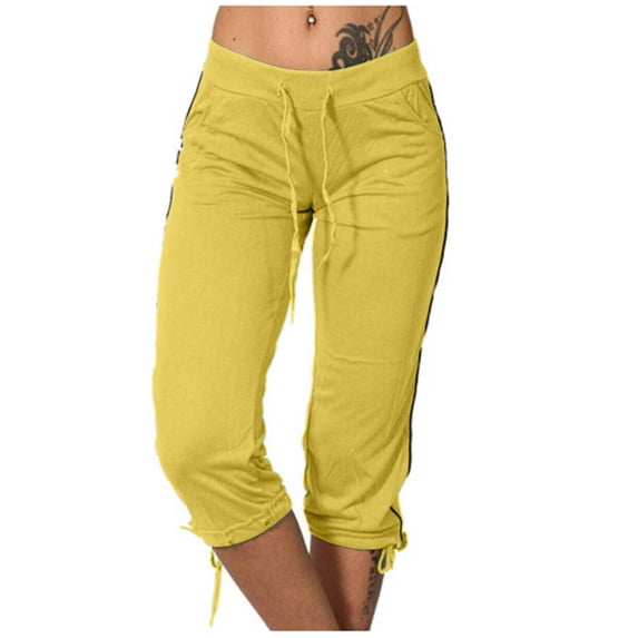 CheerKidz Summer Capris for Womens Capri Sweatpants Home Cropped Joggers High Waisted Running Hiking Capris Stretch 3/4 Yoga Pants with Pockets(Yellow,XL)
