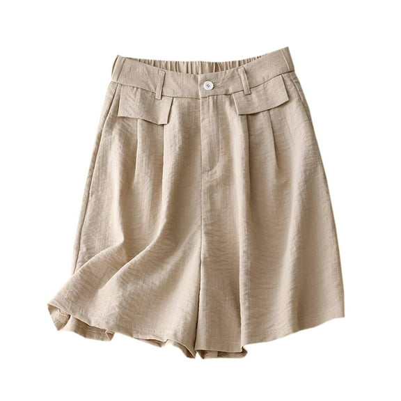 CheerKidz 2025 Summer Fashion Shorts Women Solid Color Comfy Short Pants Thin High Waist Loose Straight Casual Wide Leg Shorts(Khaki,L)