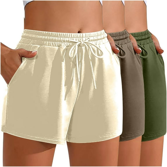 CheerKidz 3PCS Elastic Waist Shorts for Women Casual Shorts Drawstring Comfy Wide Leg Shorts 2025 Summer Fashion Pull On Short with Pockets(Multicolor#5,S)