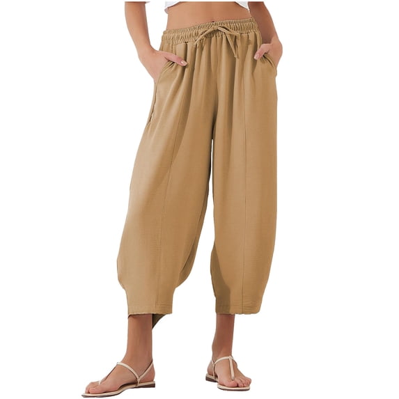 CheerKidz Active Cropped Trousers for Women's Casual Straight Leg Pants Drawstring Yoga Pants with Pockets Stretch Loose Casual Lounge Sweatpants(Gold,S)