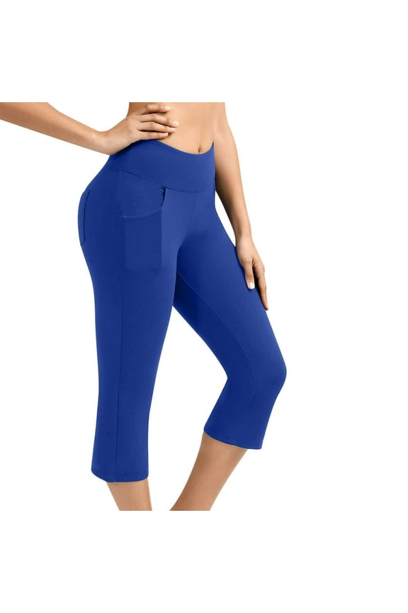 Active Pants for Women's Fashion Calf Length Leggings High Waisted Yoga Workout Exercise Capris for Casual Summer with Pockets(Blue,L)