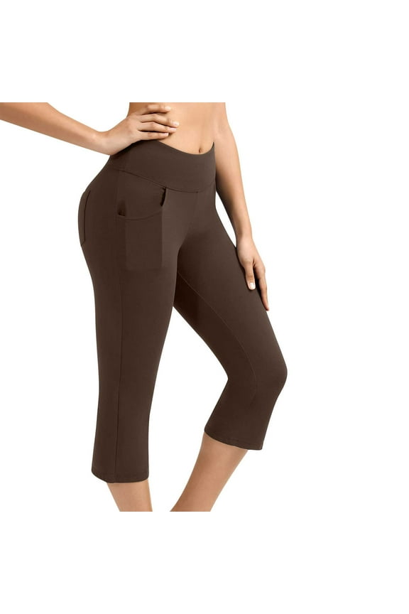 Active Pants for Women's Fashion Calf Length Leggings High Waisted Yoga Workout Exercise Capris for Casual Summer with Pockets(Coffee,2XL)