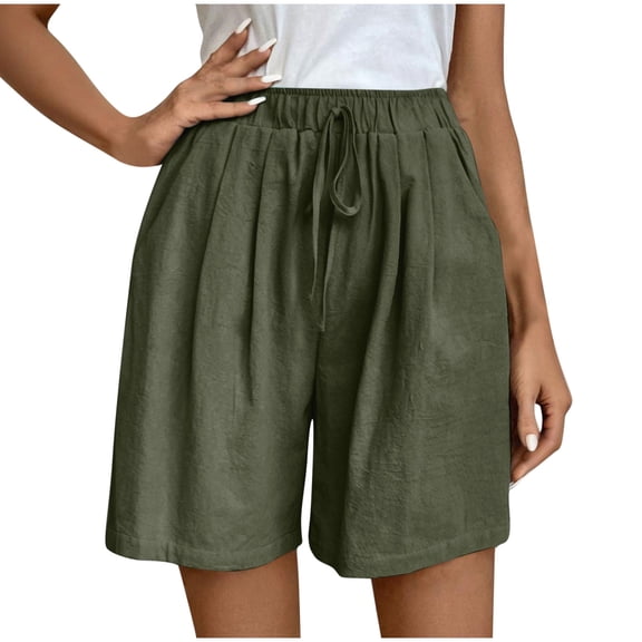 CheerKidz Bermuda Shorts for Women's Spring Summer Fashion Casual Solid Color Drawstring Outwear Shorts High Waisted Linen Dressy Casual Shorts with Pockets(Army Green,S)