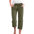 thumbnail image 1 of CheerKidz Capri Pants for Women Summer Drawstring Elastic High Waist Casual Capris Straight Wide Leg Cotton Linen Pants with Pockets(Army Green,L), 1 of 8