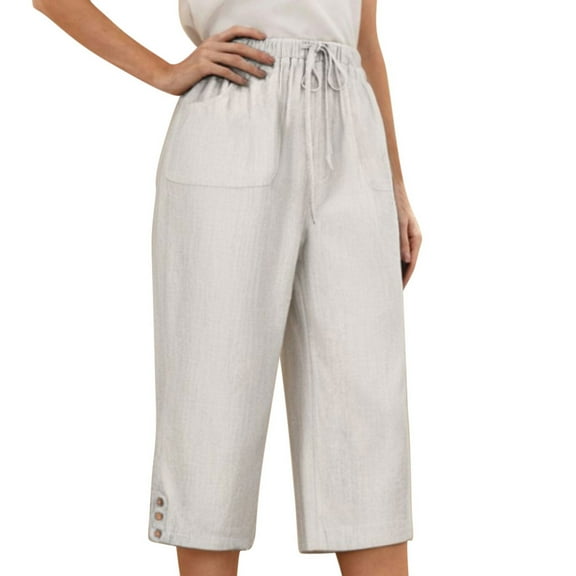 CheerKidz Capri Yoga Pants for Women's Summer Loose Dressy Casual Soft High Waisted Tummy Control Wide Leg Drawstring Leggings Workout with Pockets(White,L)