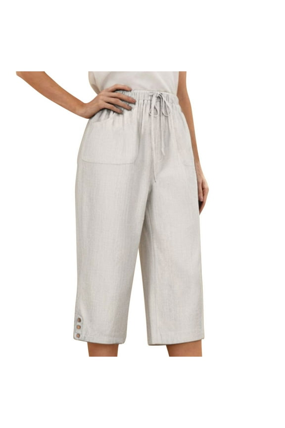 Capri Yoga Pants for Women's Summer Loose Dressy Casual Soft High Waisted Tummy Control Wide Leg Drawstring Leggings Workout with Pockets(White,L)