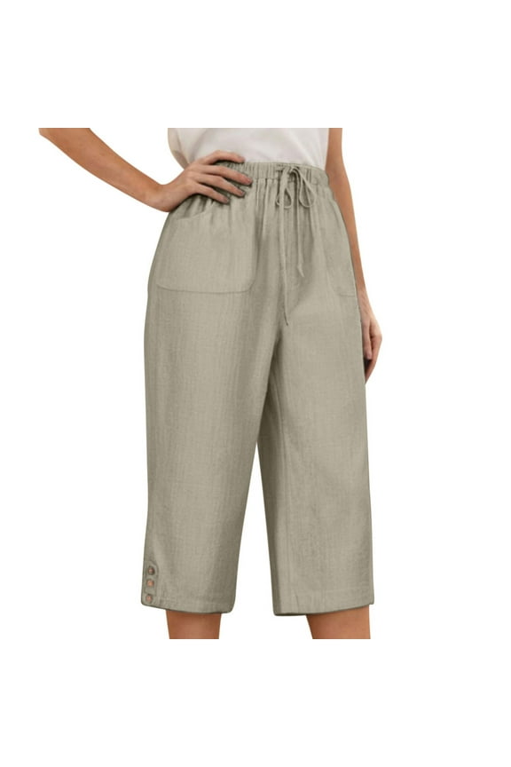 Capri Yoga Pants for Women's Summer Loose Dressy Casual Soft High Waisted Tummy Control Wide Leg Drawstring Leggings Workout with Pockets(Khaki,L)