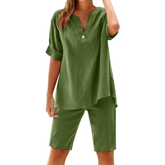 CheerKidz Cotton and Linen Sets for Women 2 Piece Button Down Short Sleeve V-Neck Shirts and Casual Shorts Set Matching Summer Lounge Sets(Green#2,2XL)