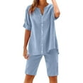 thumbnail image 1 of CheerKidz Clearance Cotton and Linen Sets for Women 2 Piece Button Down Short Sleeve V-Neck Shirts and Casual Shorts Set Matching Summer Lounge Sets(Light Blue,L), 1 of 9