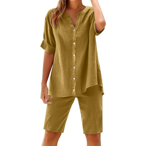 CheerKidz Cotton and Linen Sets for Women 2 Piece Button Down Short Sleeve V-Neck Shirts and Casual Shorts Set Matching Summer Lounge Sets(Yellow#1,M)