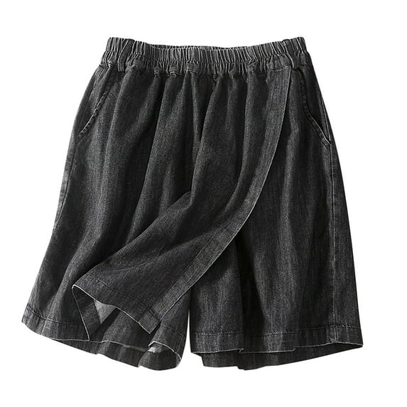 CheerKidz Denim Shorts Women Summer Casual High Waisted Solid Elastic Waist Asymmetrical Denim Jean Fake Two-piece Skort Skirt Mini Shorts(Black,M)