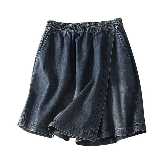 CheerKidz Denim Shorts Women Summer Casual High Waisted Solid Elastic Waist Asymmetrical Denim Jean Fake Two-piece Skort Skirt Mini Shorts(Blue,L)