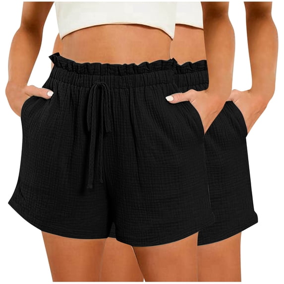 CheerKidz Fashion Short Pants for Women Solid Color Bandage Elastic Waist High Waisted Casual Summer Pull On Loose Fit Beach Vacation Shorts with Pockets(Black,M)