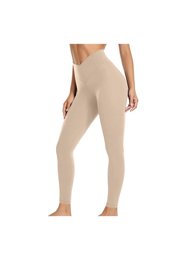 Leggings for Women High Waist Solid Color Waist Yoga Exercise Elastic Yoga Leggings Workout Running Tummy with Pockets for Women's(Beige,2XL)