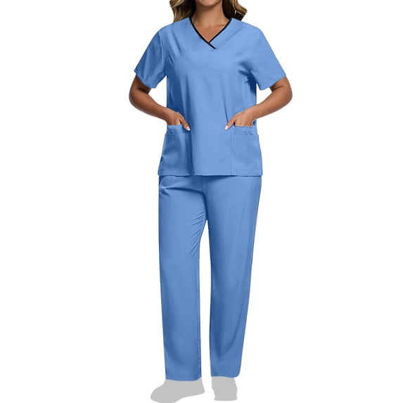 CheerKidz Nurse Clothes Sets for Women's Solid Color V-Neck Pocket Tops with Elastic Waist Long Pants Dry Cleaning Hand Clothes Suit(Light Blue#1,L)
