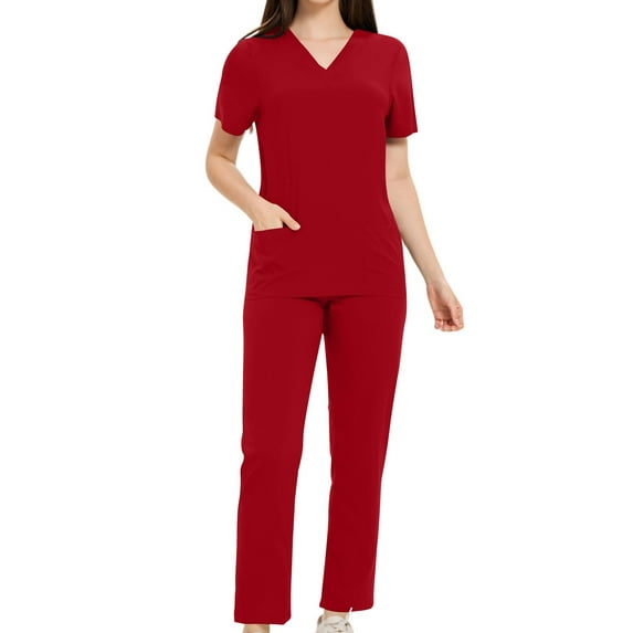 CheerKidz Nurse Clothes Sets for Women's Solid Color V-Neck Pocket Tops with Elastic Waist Long Pants Dry Cleaning Hand Clothes Suit(Red#2,2XL)