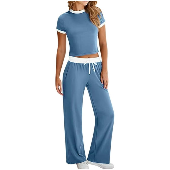 CheerKidz Pants Sets Women Summer 2 Piece Outfits Short Sleeve Round Neck Tops Matching Sets for Womens Elastic Waist Wide Leg Pants Set(Light Blue,S)