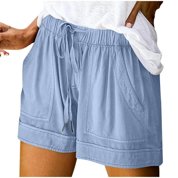 CheerKidz Plus Size Women's Drawstring Shorts Elastic Waist Loose Comfy Casual Pants with Pockets for Home and Outdoor(Light Blue,L)